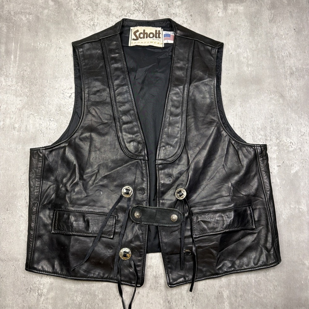 Vintage Schott Western Vest Mens L Black Leather Concho Biker Cowboy USA Made